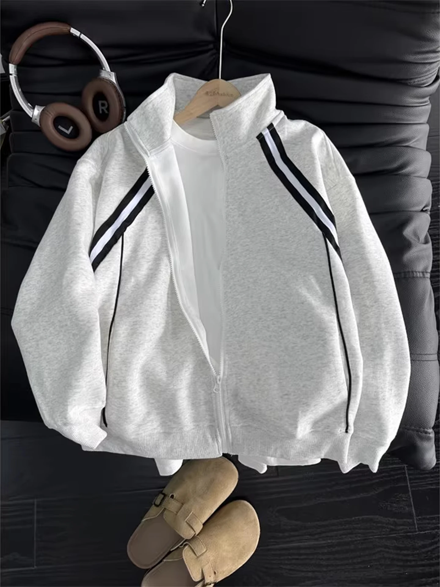 

Американский колледж, полосатый открытый кардиган, толстовка с капюшоном, мужская осенняя куртка Cleanfit, тяжелый уличный джет, свободный крой