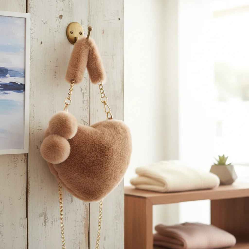 

Winter Hot Sale Of The Season New Women's Heart Shaped Fluffy Ball Chain Handbag Fresh Sweet Style Medium Square Bag Trendy Bag