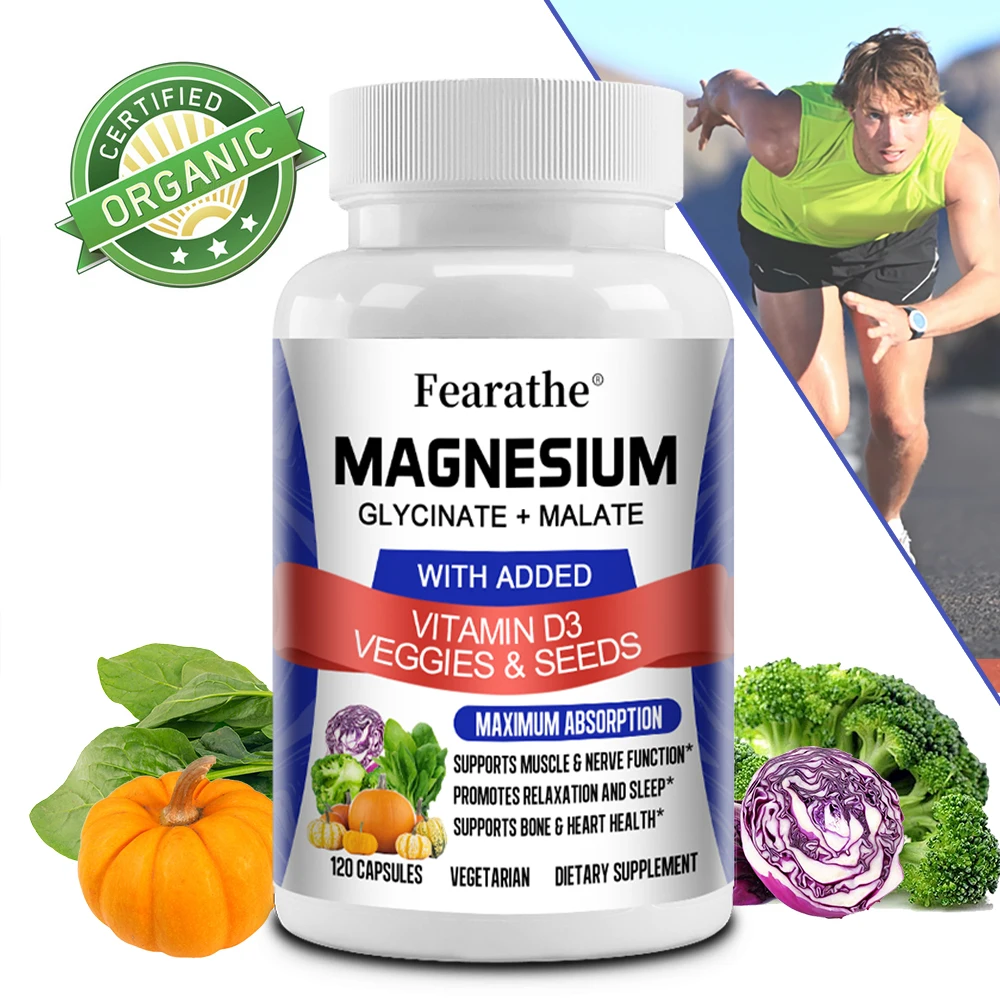 Magnesium Glycinate & Malate Complex, Vitamin D3, Max Absorption - for Bone Heart Sleep Nerve Muscle 120 Veggie Capsules