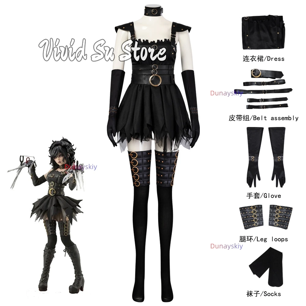 Movie Edward Female Cosplay Costume Goth Lolita Dress Black Woman costume Wig Set Anime Halloween Party Suit Role-playing XS-3XL