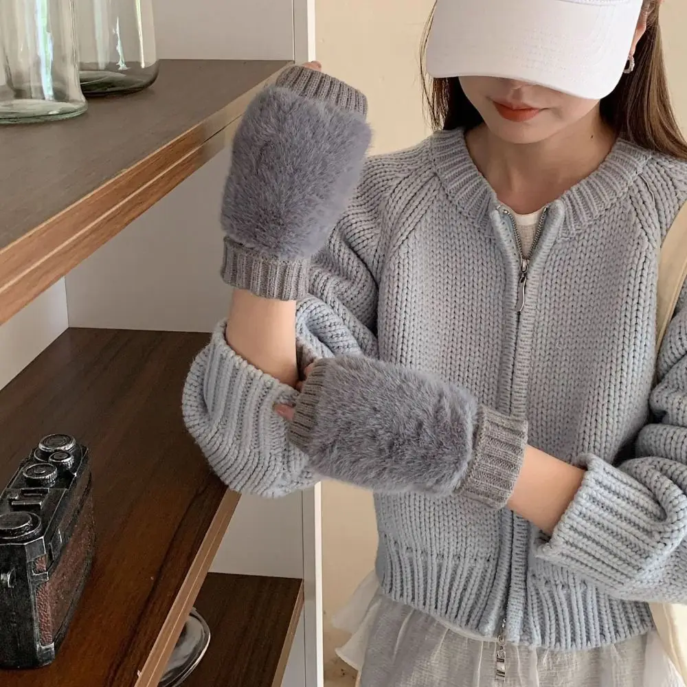New Warm Knitted Gloves Soft Touch Screen Half-Finger Gloves Faux Fur Fingerless Gloves Driving