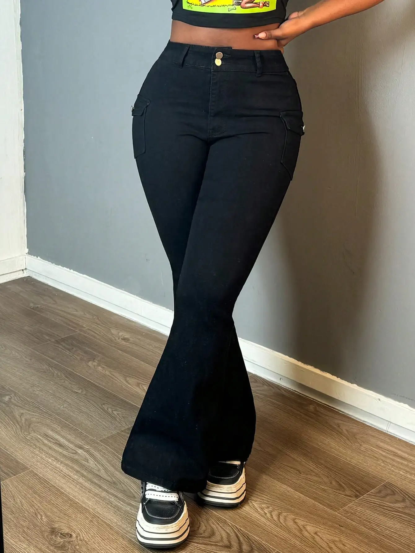 Women's High Waisted Flare Jeans 2025 Trendy Cargo Pocket Button  Front Stretch Denim Full  Length Pants