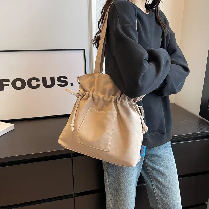 Canvas Shoulder Bag Solid Color Drawstring Large Capacity Tote Bags for Women Casual Shopping Travel Commuter Connector Handbag