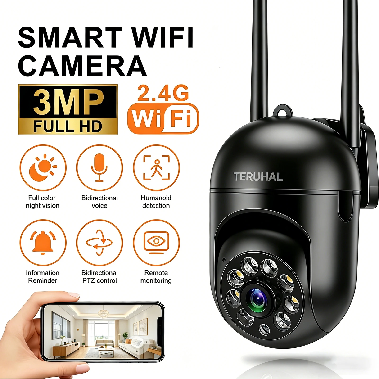 Home Security Camera, Wireless WiFi security camera, 355 ° rotating monitoring, color night vision, AI motion tracking