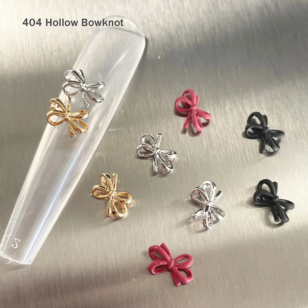 -Hollow Knot- Matte Floral Cravat Bow Charms Chrome Gold,Silver Double Bowtie Metal Alloy Versatile Art Nail Polish Ornament 404