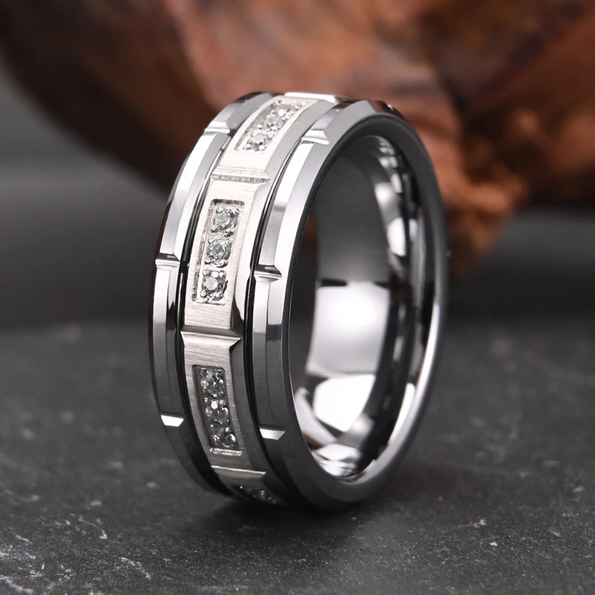 8mm Fashion White Zircon Tungsten Carbide Ring, Men\'s Wedding Ring, Suitable for Daily Wear, Jewelry Gift