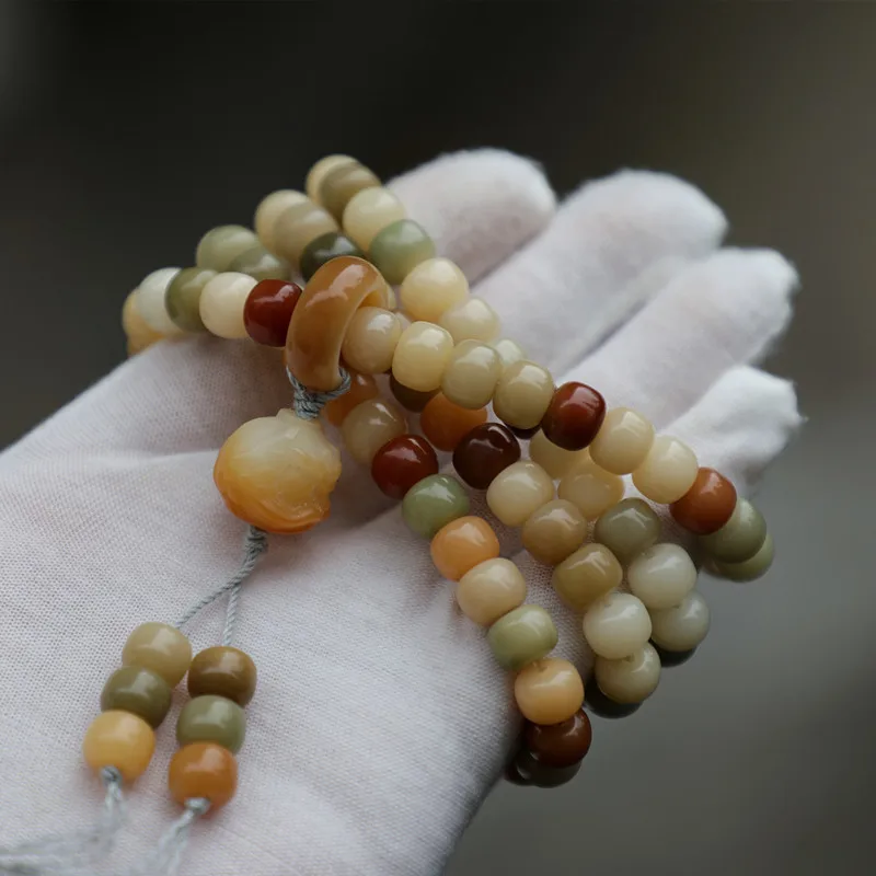 9*Bucket-Shaped, Weathered Green, Multi-Layered Root With 108 Beads, Colorful Bodhi Bracelet