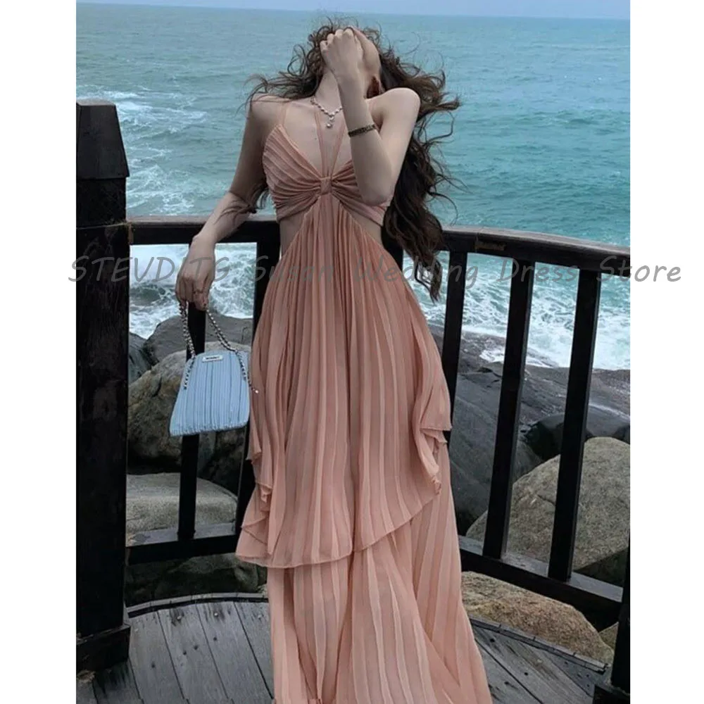 

Pink Prom Dresses A Line Sleeveless Party Hollow Out Tiered Backless Sexy Spaghetti Strap Celebrity Female Gowns Elegant Halter