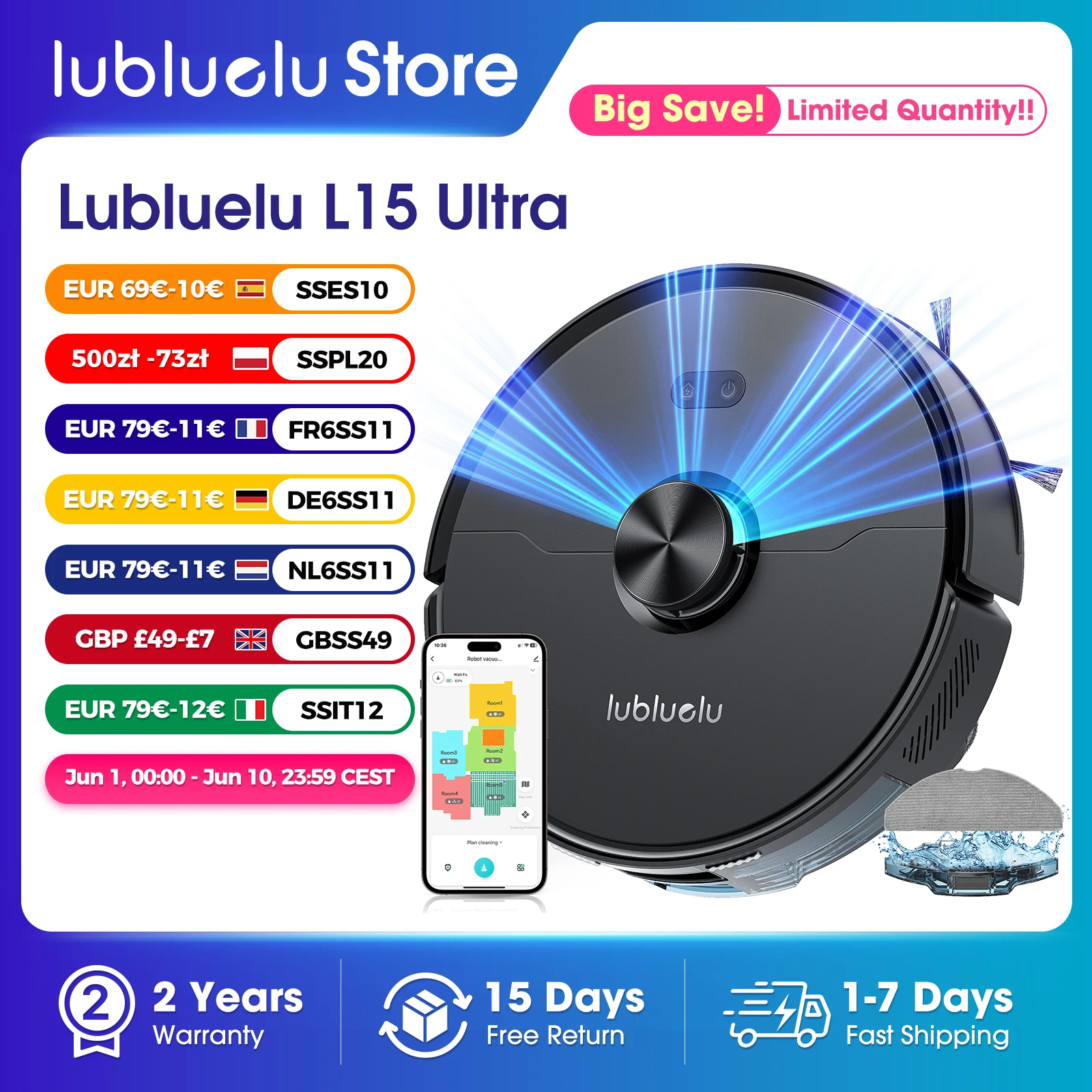 Lubluelu L15 Ultra 3-en-1 Robot aspirateur vadrouille Combo avec Navigation LiDAR aspiration 5500Pa charge automatique application intelligente 24 Zones No-go