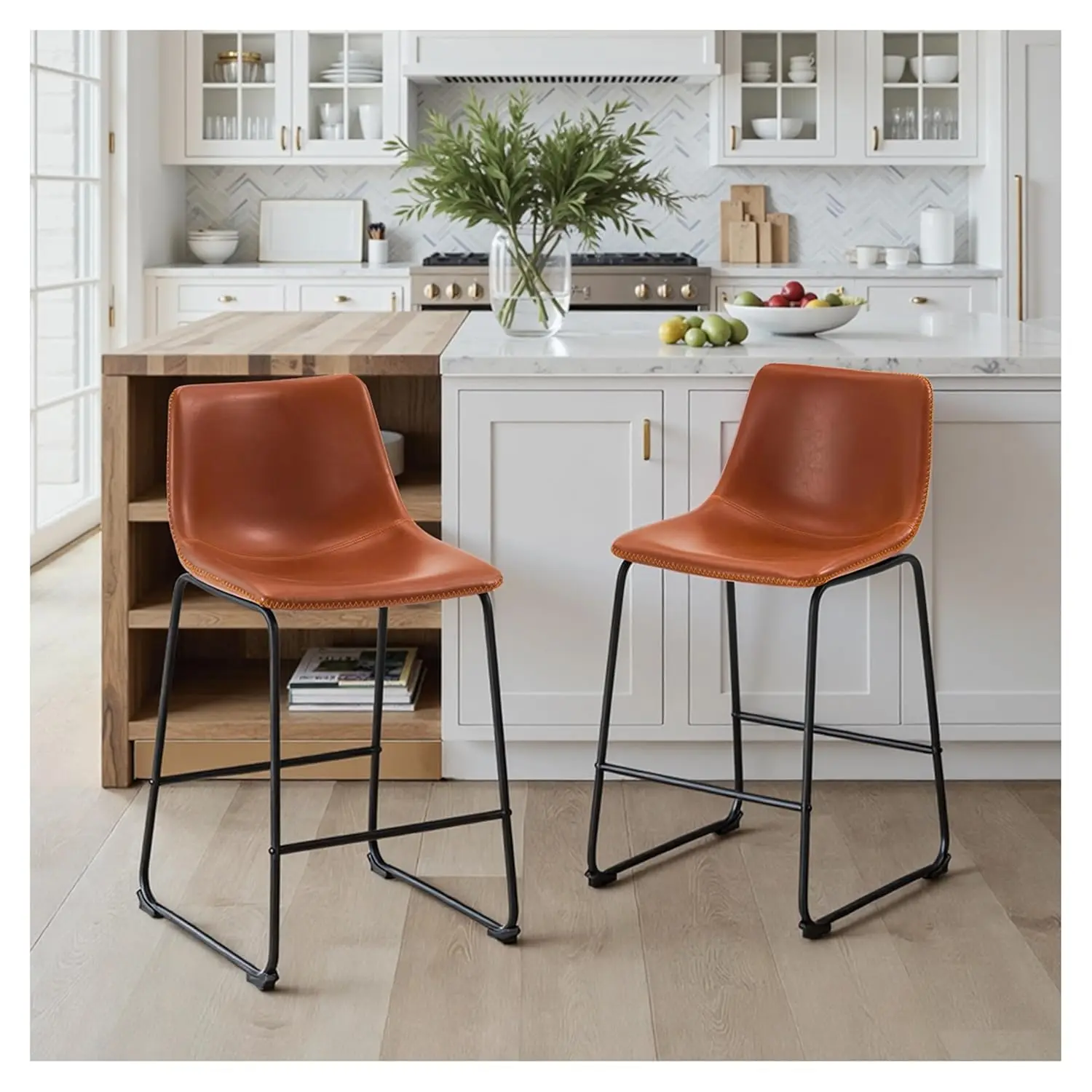 

Набор барных стульев высотой 26 дюймов, состоящий из 2 штук, искусственная кожа со спинкой и металлической ножкой, кухонный остров, коричневый, по индивидуальному заказу