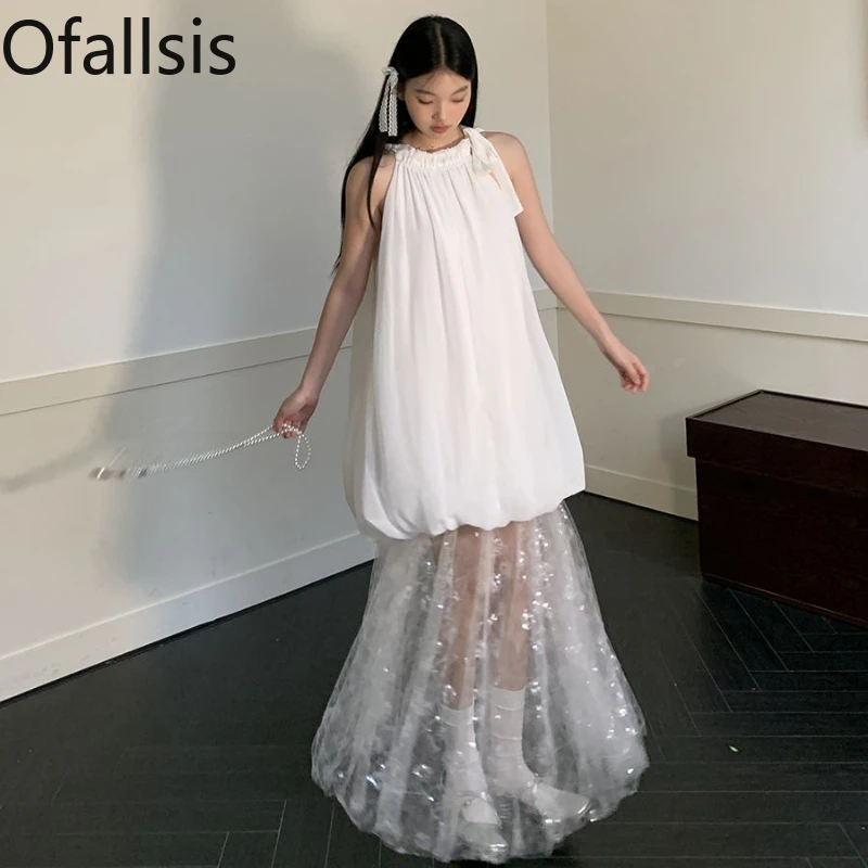 Ofallsis Unique White O neck Sleeveless Dress 2024 New Summer New Fairy Gentle Style High-end Mesh Stitching Long Dresses Female