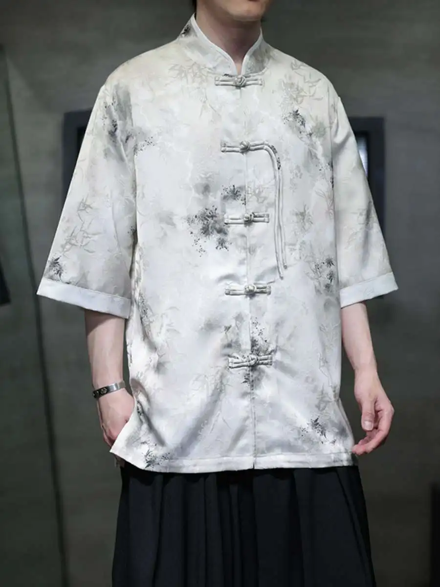 

Новая летняя мужская рубашка из ледяного шелка с коротким рукавом, тонкая, с принтом, повседневная, больших размеров, из полиэстера, в китайском стиле Тан