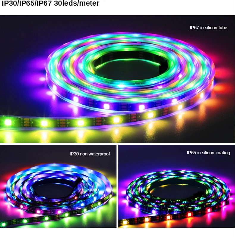 Bande lumineuse LED RVB adressable, Pixels intelligents, Lumière magique, Noir, Blanc, PCB, IP30, 65, 67, DC5V, WS2812B, WS2812