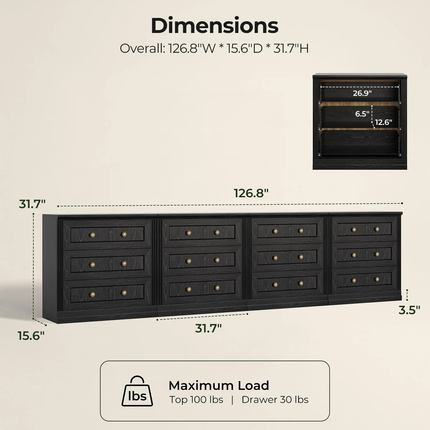 Monos 127-Inch Modular Storage Cabinet with Drawer for Living Room, Black