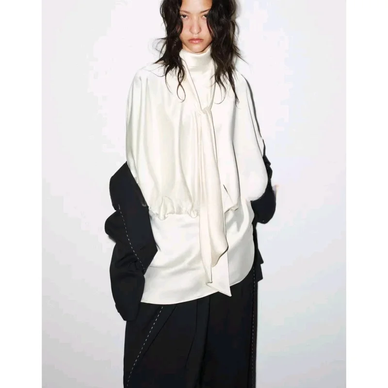 겨울 신상 여성용 매트 슬레 칼라 롱 스웨트 새틴 느낌 스카프 장식 오트 드 폴리에스터 섬유 A라인...