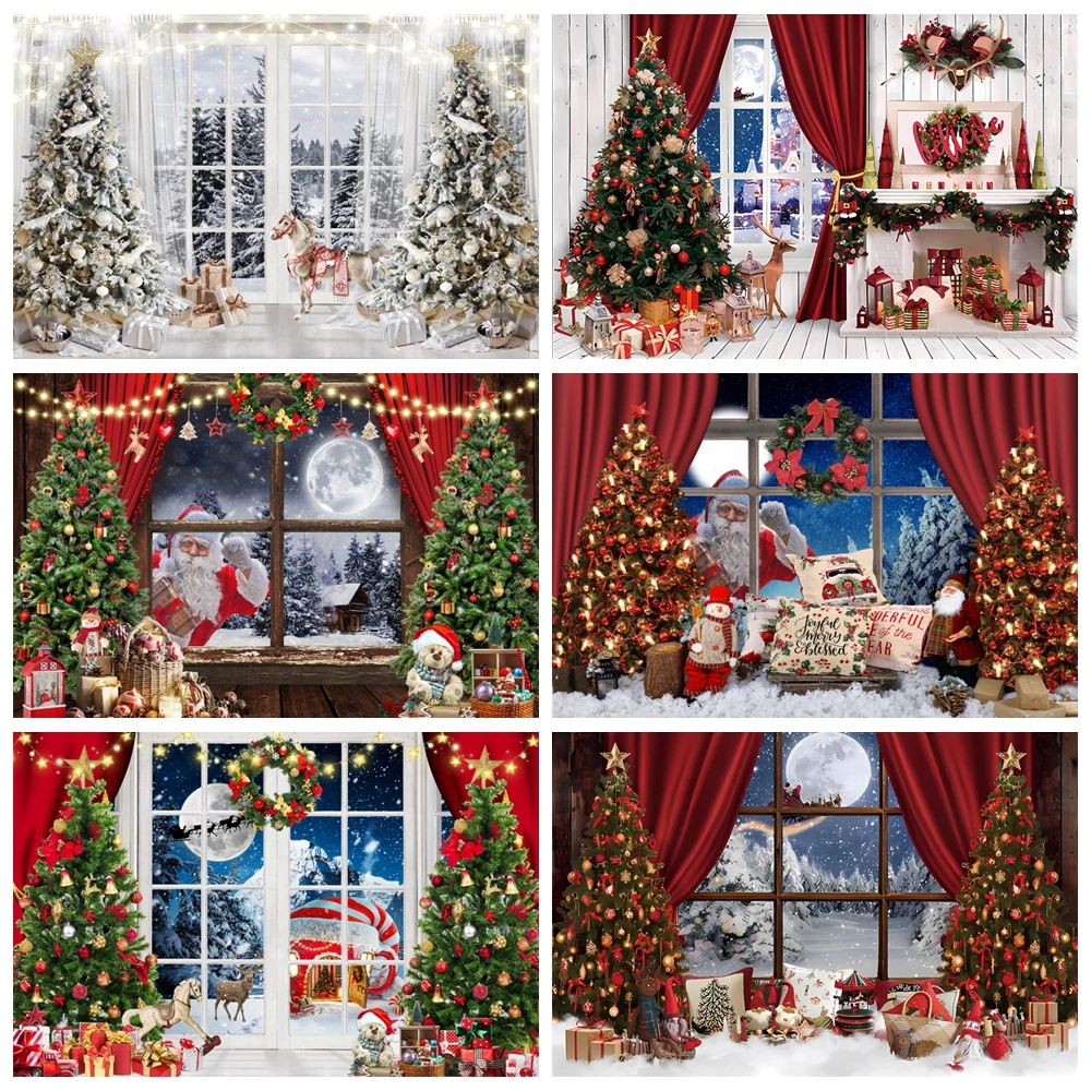 

Christmas Backdrop Xmas Tree Winter Window Fireplace Santa Claus Gift Family Portrait Photography Background Decor Photo Studio