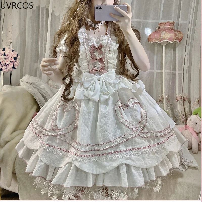 Sweet Wedding Party Lolita Dress Victorian Women Vintage Bow Ruffles Flowers Kawaii Princess Dresses Elegant White Lolita Dress