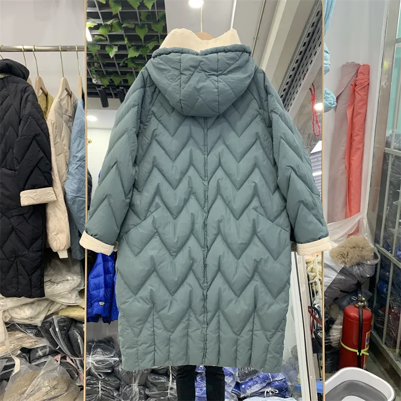 Autumn Winter Warm Knitted Patchwork Hooded Coat Women Thicken White Duck Down Jacket Parka Female Bigsize Long Puffer Outwears