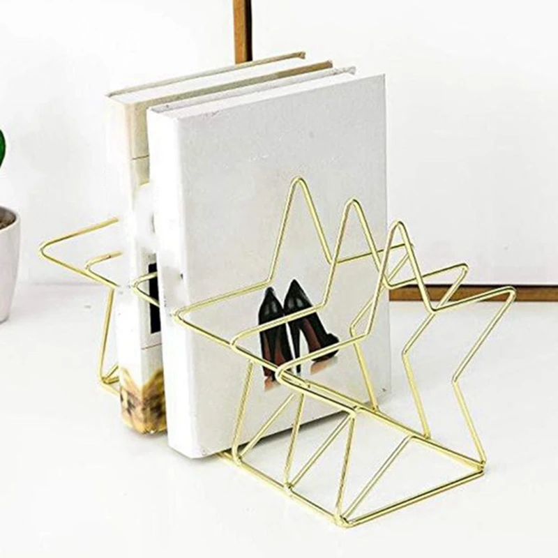 Pentagram Metal Bookend Creative Star Book Standing Document File Desktop Manager Bookshelf Stand Gold