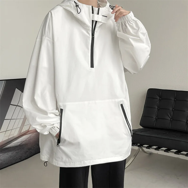 

Men Loose Thin Outerdoor Outerwear Jacket Oversize White Red Hooded Long Sleeve Coat Boys Hiking Travel Waterproof Jackets 5xl