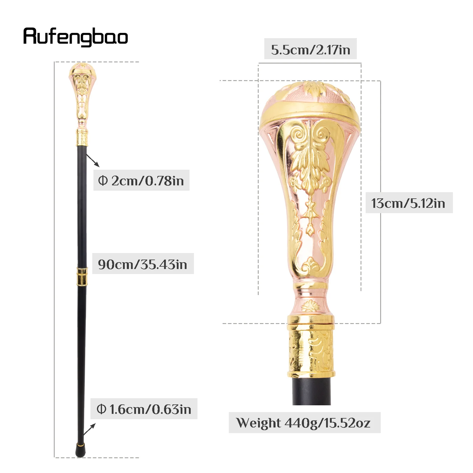 Golden Pink Luxury Round Handle Fashion Stick for Party Decorative Cane Elegant Crosier Knob Stick Performance Stage Cane 90cm