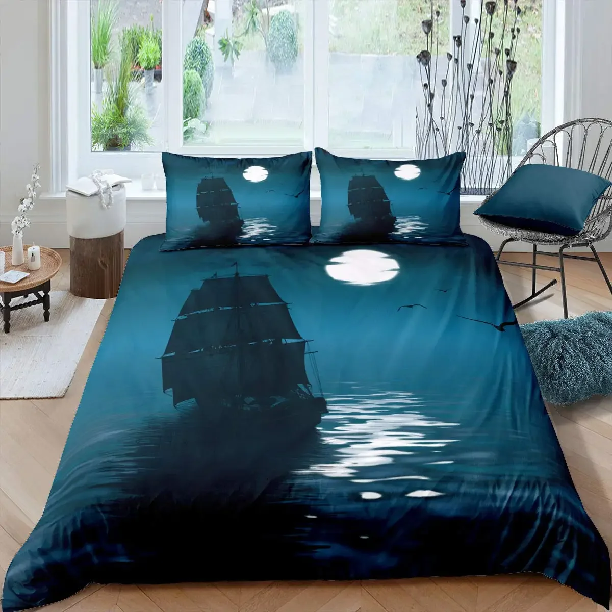 Nautical King Queen Duvet Cover Dragon Retro Blue Sailboat Rudder Bedding Set Sea Sailboat Comforter Cover Polyester Quilt Cover