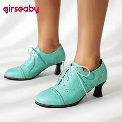 Girseaby Brand Vintage Women Pumps Round Toe Heels 5.5cm Lace Plus Size 43 44 45 46 47 48 Office Lady Classic Daily Shoes Spring
