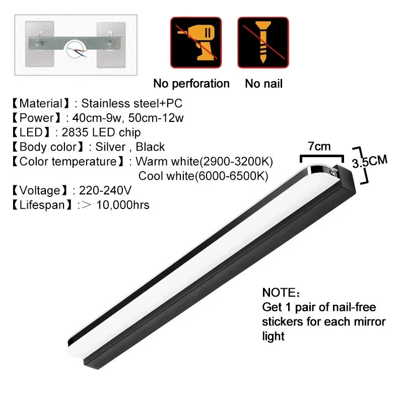 Luz LED moderna de acero inoxidable para espejo de baño, lámpara de pared para maquillaje, accesorios de iluminación para tocador, 9W/12W 220V