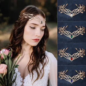 Luxury Tiaras Headbands for Women Leaf Crystal Crown Goddess Cosplay Forehead Round Elves Crowns Bridal Hair Accessories