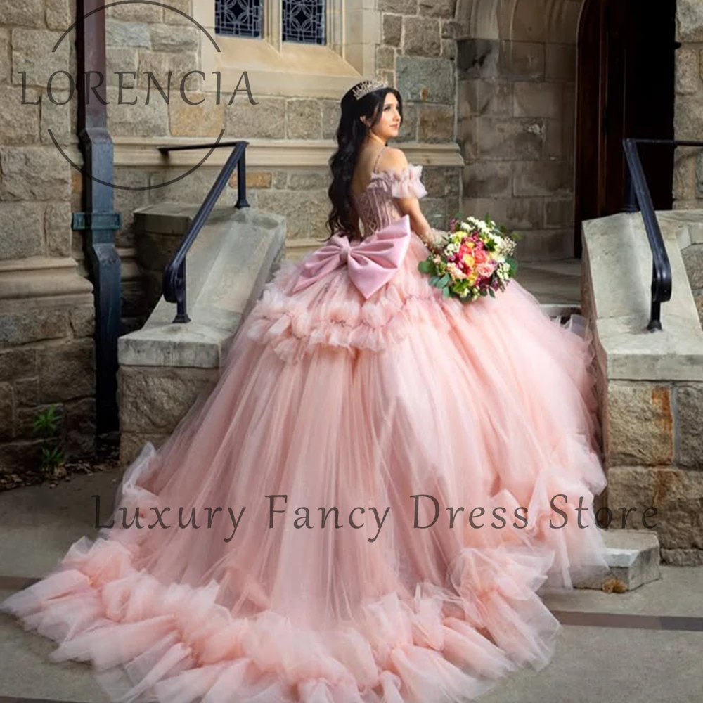 Princesse Tulle volants Quinceanera robes chérie douce 16 anniversaire robes de bal personnalisé épaules nues vestidos de 15 años