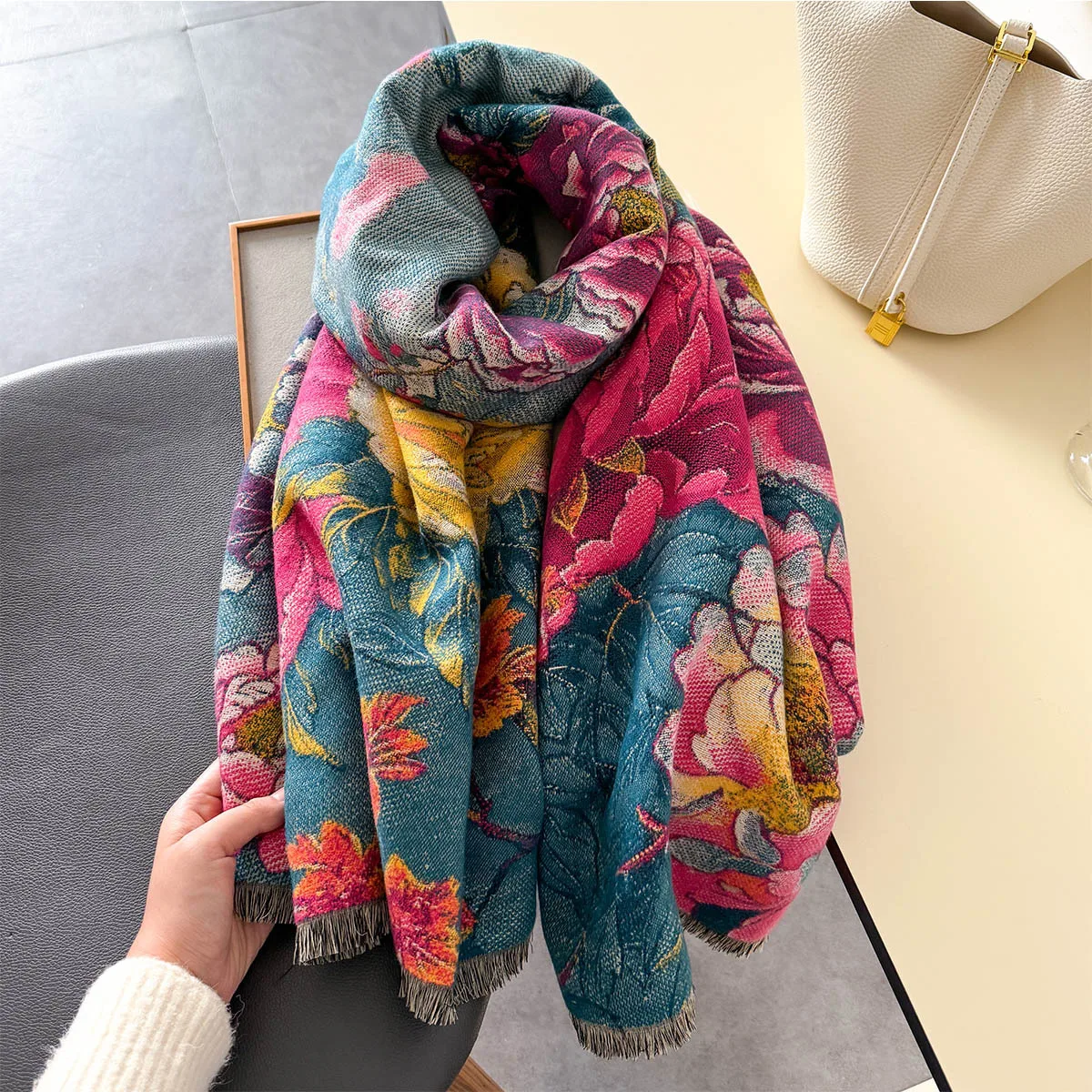 Winter Women Flower Printing Cashmere Long Scarf Wraps Winter Thickened Fashion Warm Versatile Scarf Shawls Neckerchief Bufanda