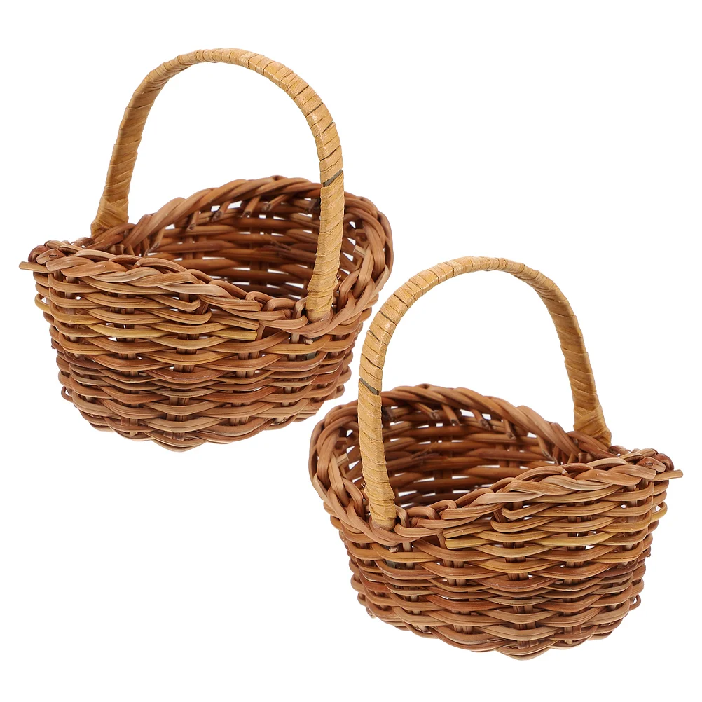 2 Pcs Rattan Flower Basket Baskets Mini Small Woven DIY Handmade Weaving Kit Storage Girls Toys Miniature Decors Gift