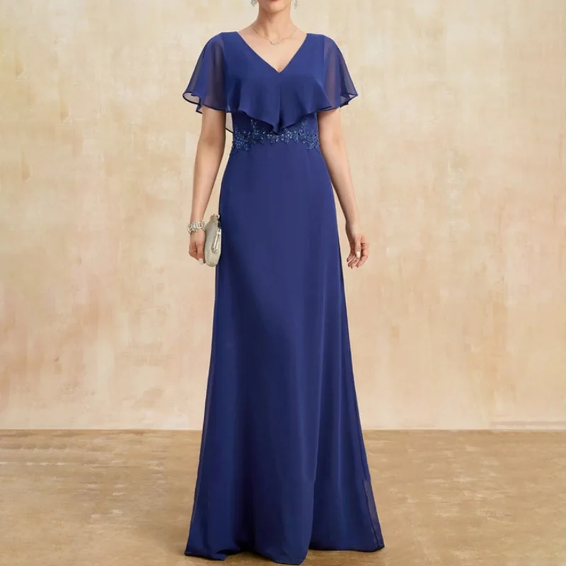 Elegant Beads Long Mother of the Bride Dresses Chiffon V-Neck Floor-Length A-Line Wedding Guest Party for Women 2023 Evening New