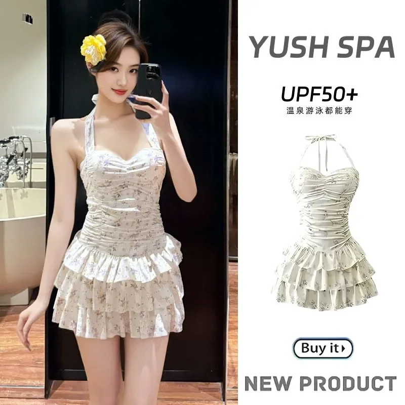 Women's Floral Halter Swimsuit Tiered Ruffle Skirt UPF50+ Swimwear