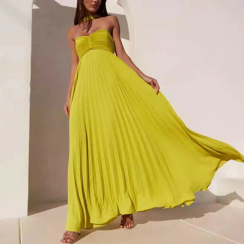 ONEINALL Solid Wedding Evening Long Dresses For Women Strapless Sleeveless Backless High Waist Elegant Folds Dress Female Summer