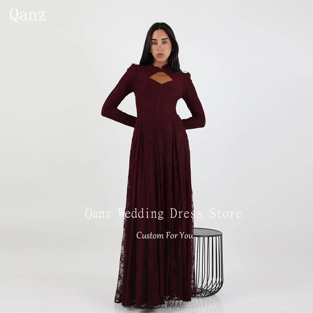Qanz Women's Formal Evening Gowns Burgundy Lace Appliques Long Sleeves Robe De Soirée A Line Vestidos De Fiesta  Customized