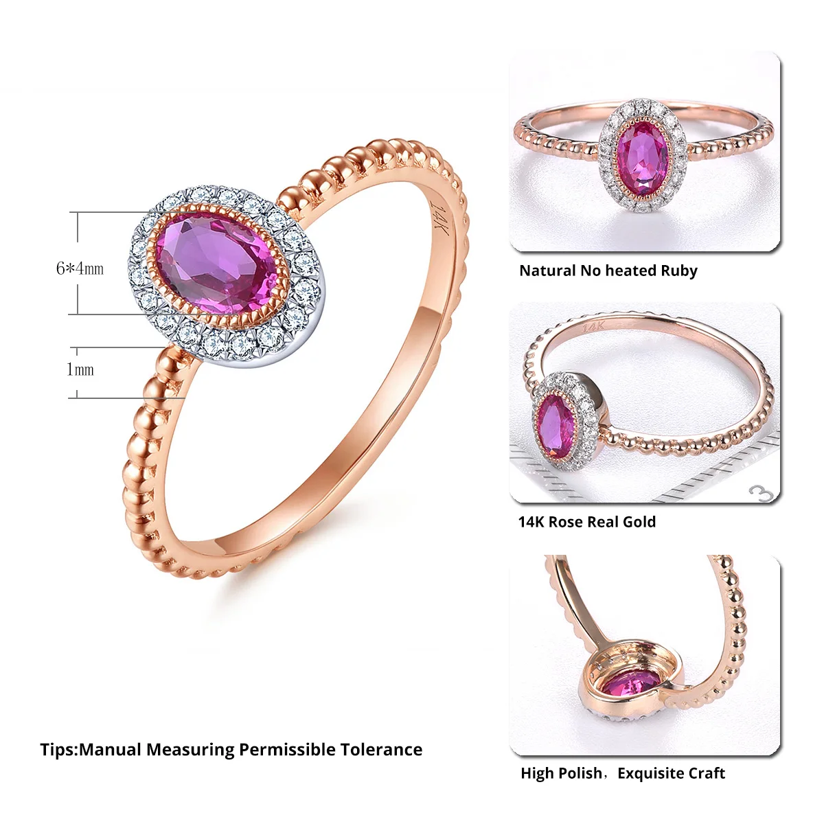 Lohaspie 14K Rose Gold Natural No Heated Ruby Ring 0.49 Carats Genuine Gemstone Romantic Style Fine Jewelry for Valentine's Day