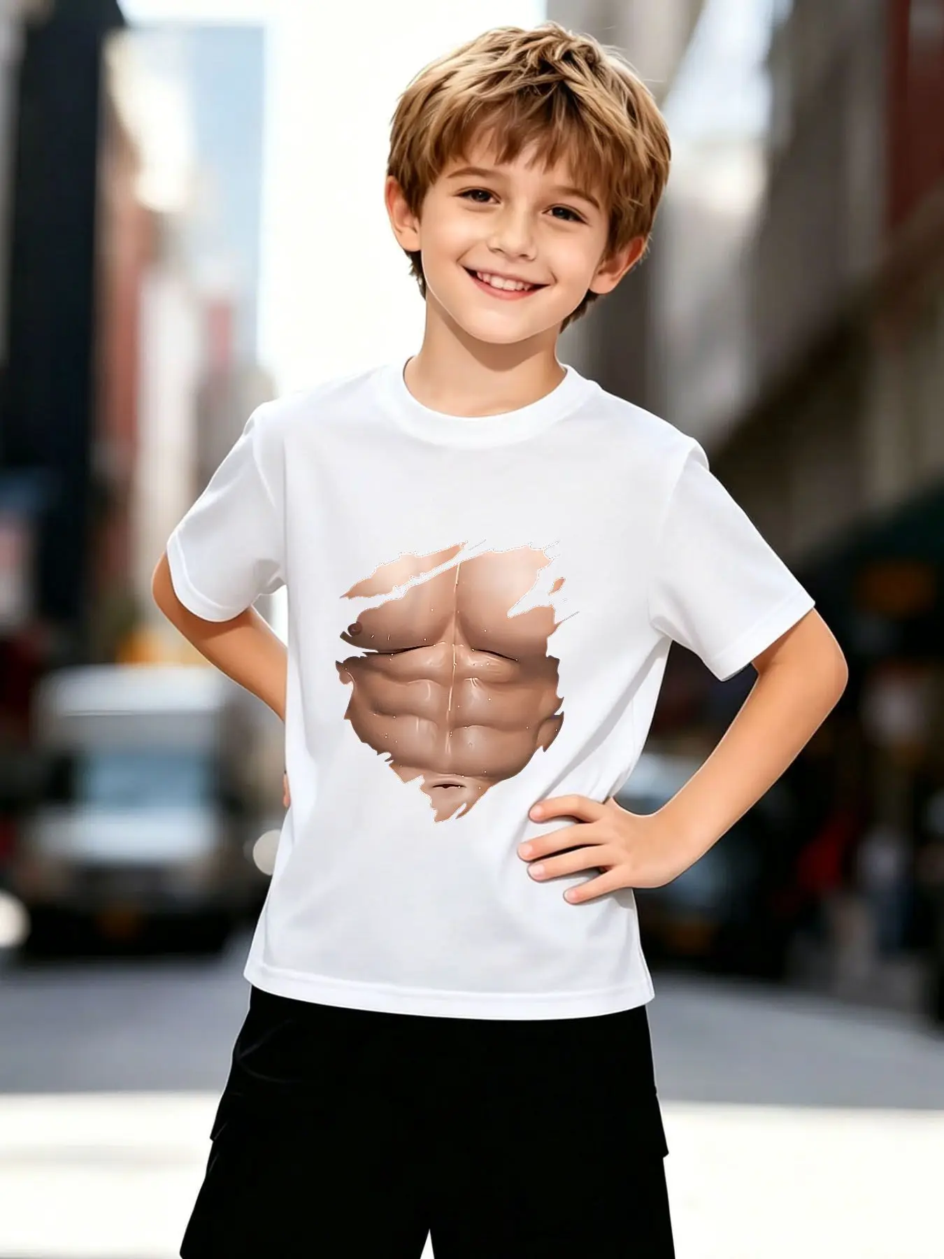 Muscle Torn Fabric 3D Effect Funny Art Graphic Print Family Matching Short Sleeve Tee Boys Girls Kids Casual Daily Wear Tops