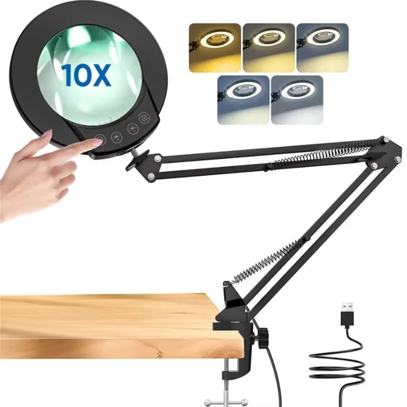 5 Color Modes Stepless Dimmable Light Emitting Diode Nail Table Lamp Touch Control Long Arm Table Lamp with 10x magnifying glass