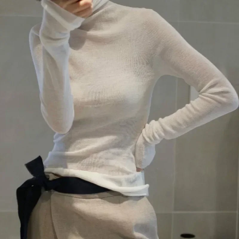 Autumn New Women's Thin Worsted Wool Top Close-fitting Base Pile Collar Wool Sweater Women Slim Knitted Long Sleeve Top