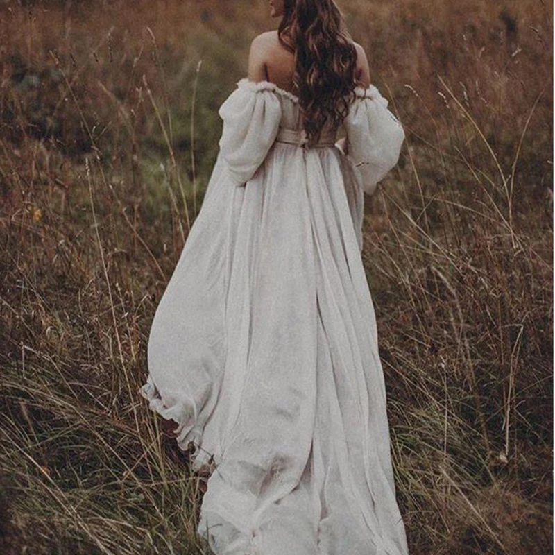 Customized Boho Off The Shoulder Princess Wedding Dress Sweetheart Appliqued Puff Sleeves Bride Dress A-Line Backless Bride Gown