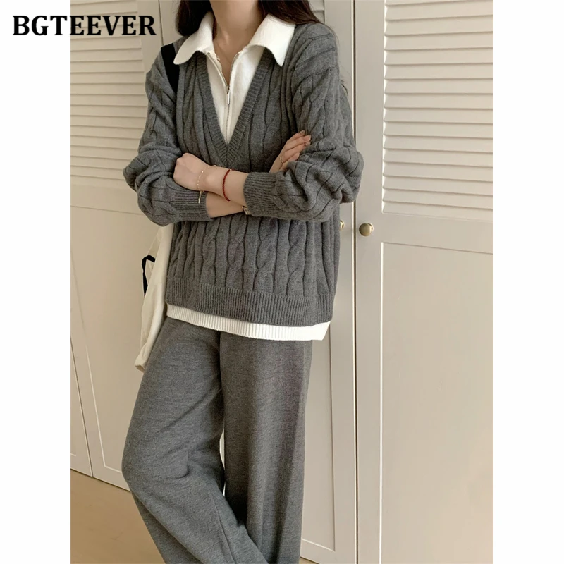 BGTEEVER Autumn Winter Warm Loose Women Knitted 2 Pieces Set Long Sleeve Patchwork Sweaters & Wide Leg Pants Female Tracksuits