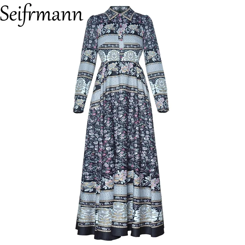 Seifrmann 2026 Spring Women's New Fashionable Collar Long Sleeve Printed Single breasted Temperament Waist Dress
