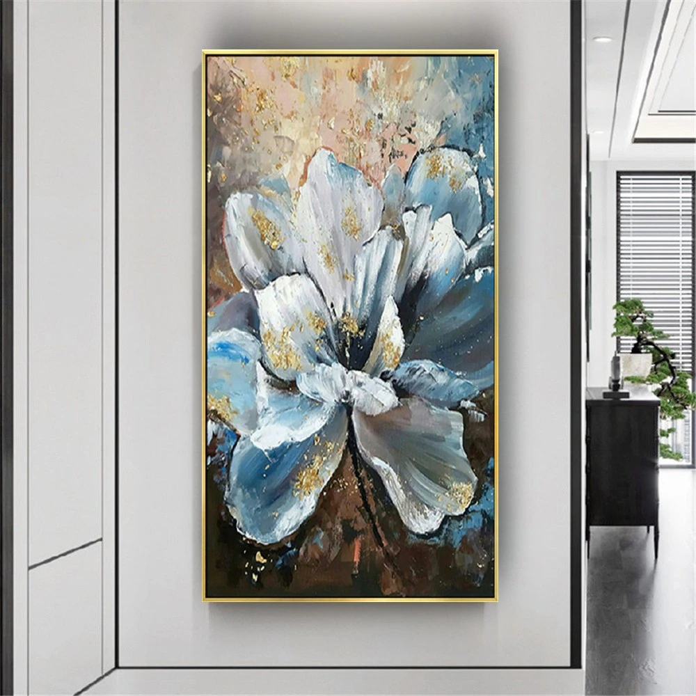 

Pop Handmade Modern Abstract Canvas Oil Paintings Blue Gold Foil Flower Wall Art Pictures Nordic Painting Decor Living Room Home