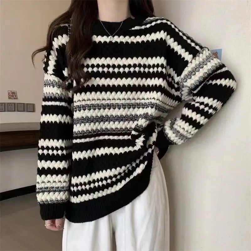 

Knitted Sweater Striped Women Fashion Casual Street Large Size Thick Autumn And Winter Long Sleeve Pullover Top Retro Sweater