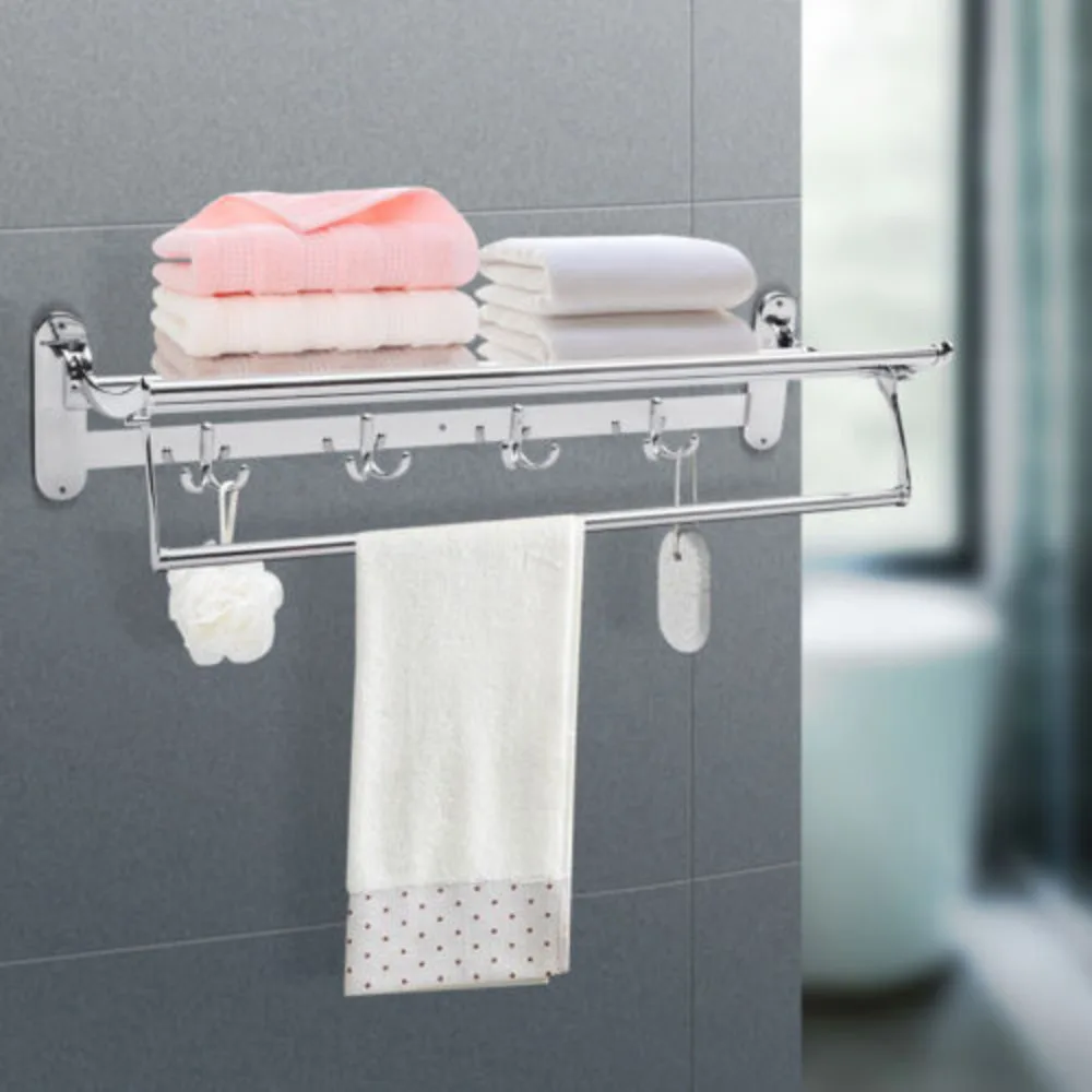 

Metal Double Folding Bath Towel Rack 60cm Wall Mount Thickened Bottom Fit Bathroom Punching Installation Space Saving W/ 4 Hook