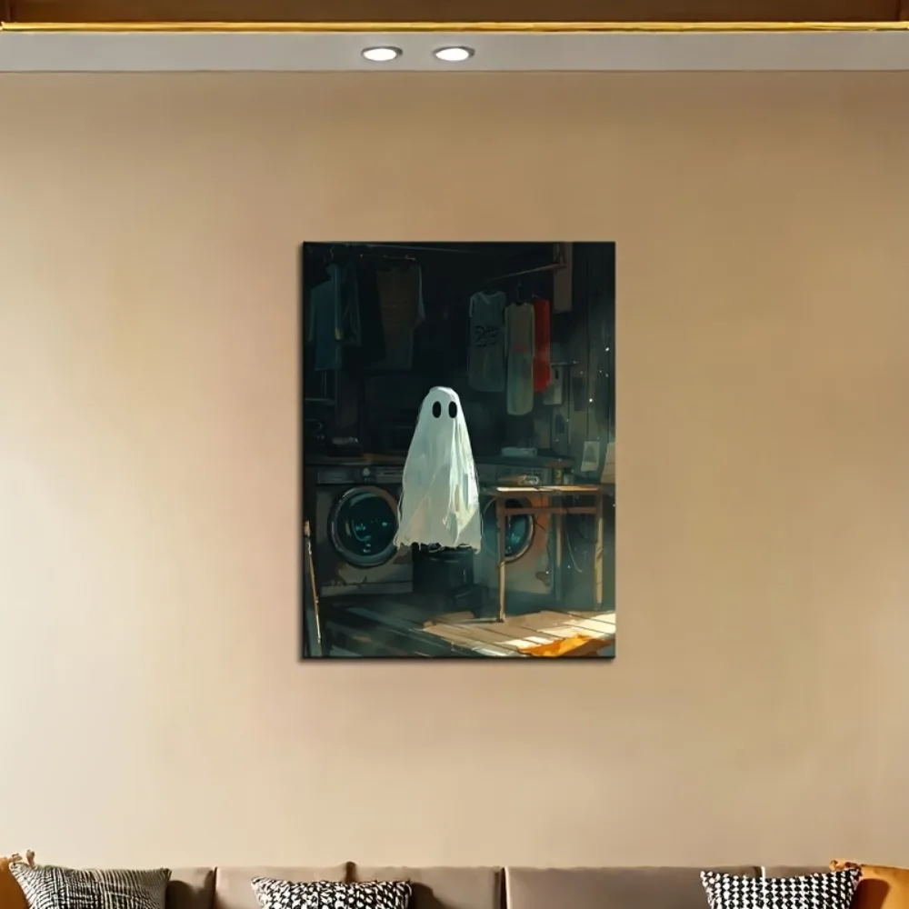 1.5 inch solid wood frame, Halloween ghost holding candle, ghost poster hanging painting in Gothic canvas wooden frame