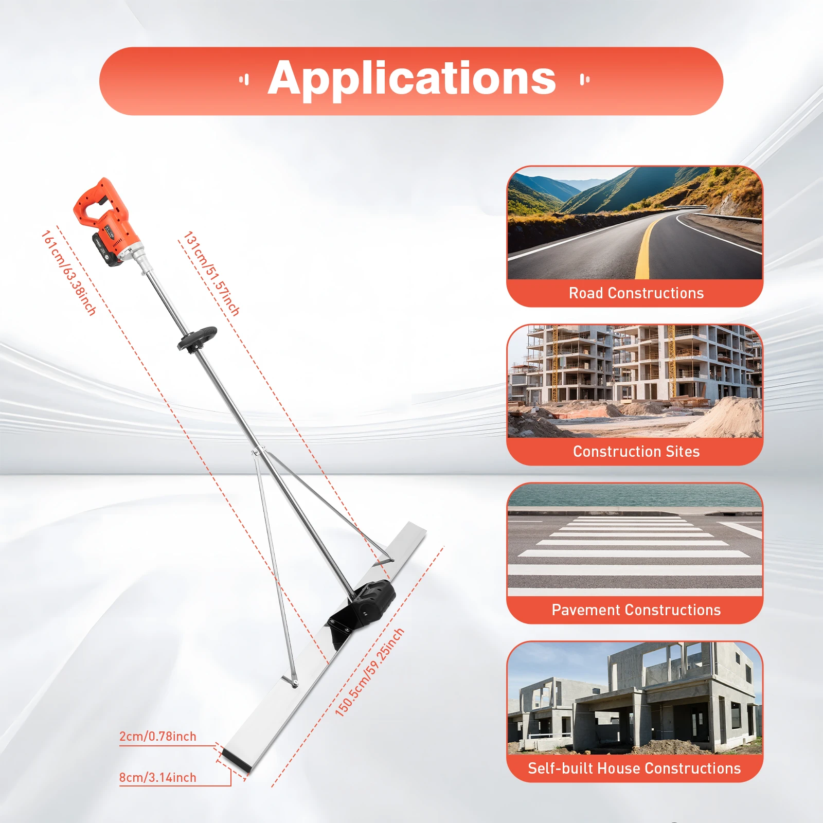 

48W Cordless Concrete Screed, 7500mAh Battery, 51in Extension Pole, 23,000Hz Vibration for Floor Leveling & Surface Compaction