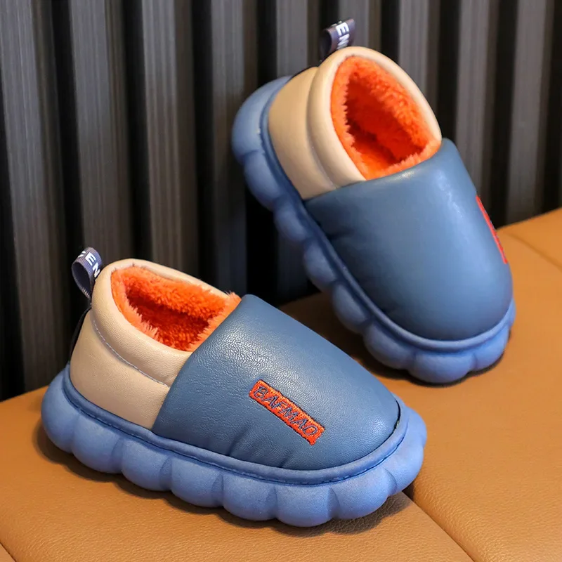 Children's Cotton Shoes Winter Plush and Thickened PU Leather Cotton Slippers Waterproof and Anti Slip Children's Cotton Shoes