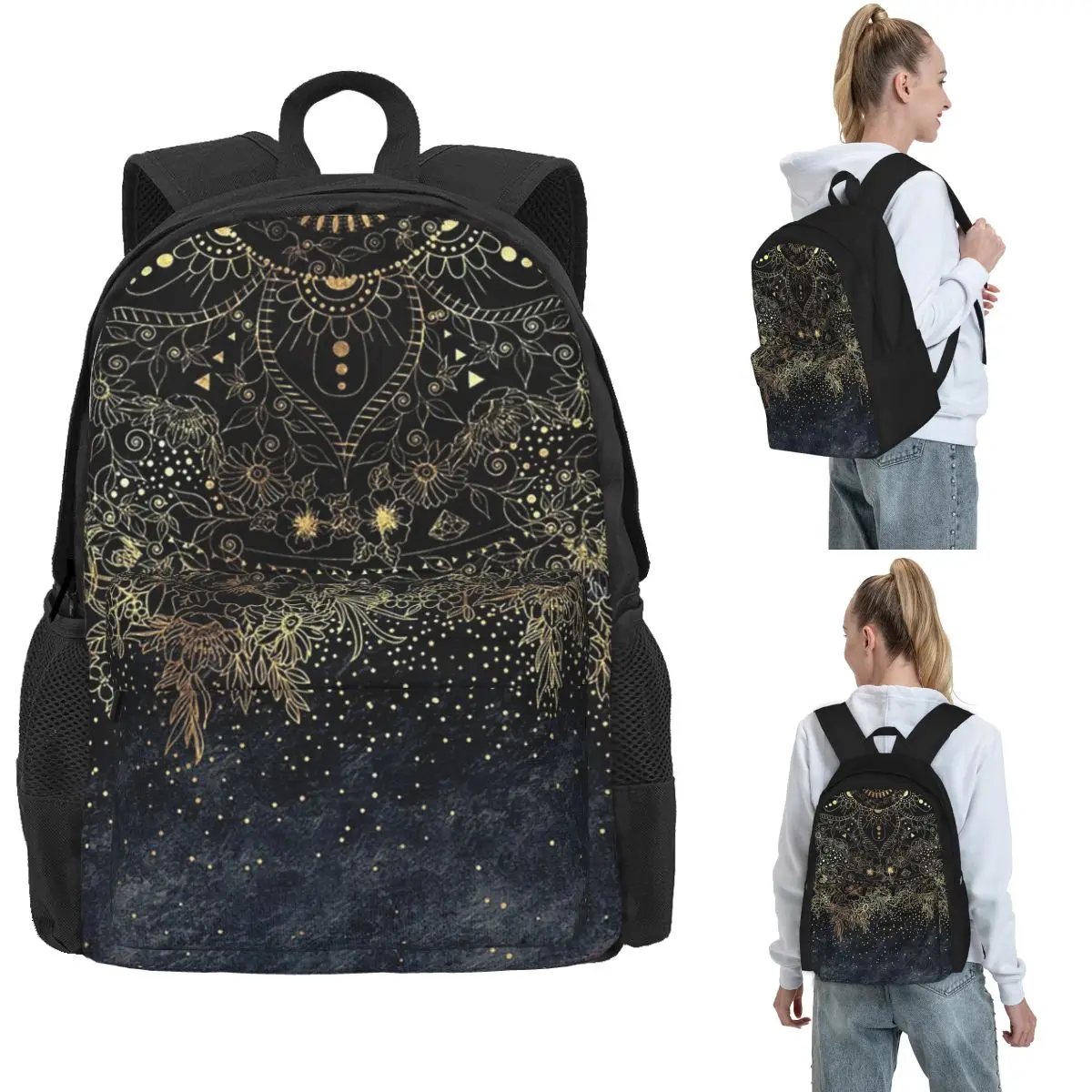Blue Gold Mandala Floral Backpack Hot Sale Daypack Large Capacity Children BookBag School Bag Shoulder Bags for Men Women